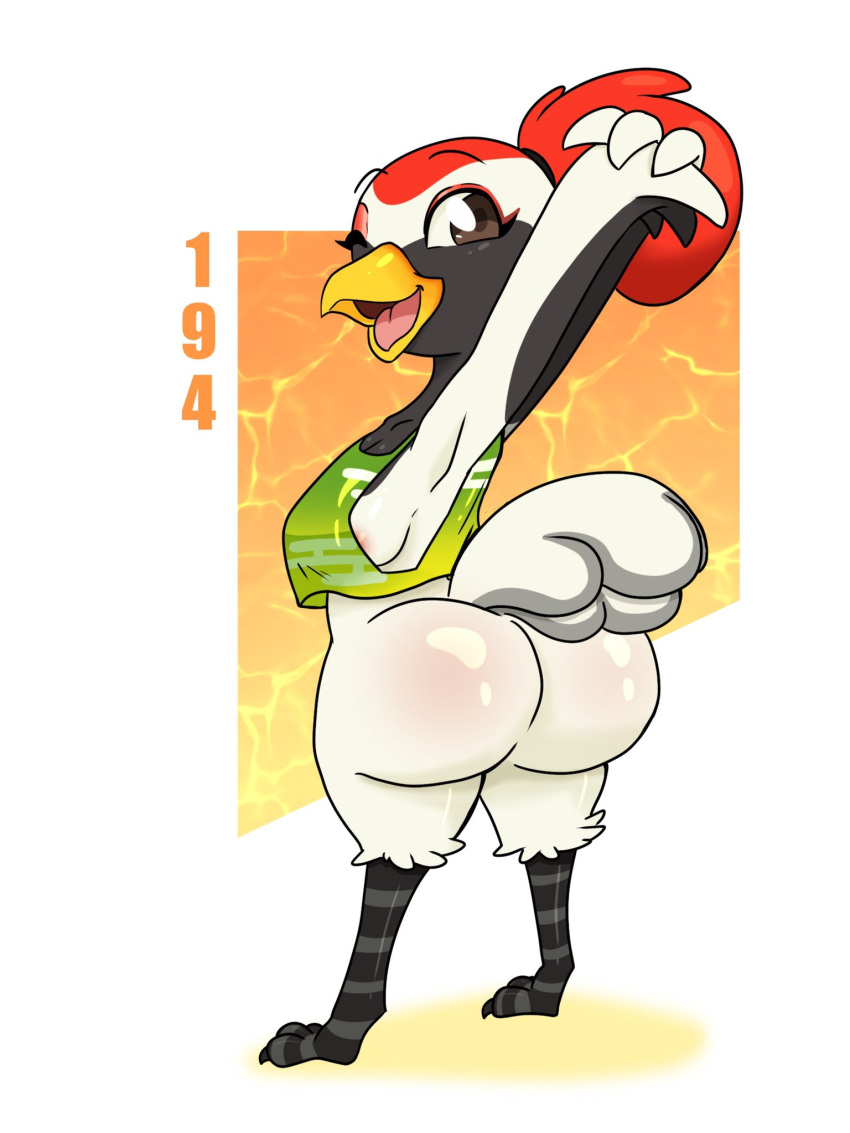 animal_crossing anthro areola areola_slip avian beak big_breasts big_butt bird bottom_heavy breasts brown_eyes butt clothing crane_(bird) feathers female gladys_(animal_crossing) green_clothing green_topwear grey_body grey_feathers gruiform grus_(genus) hair hi_res huge_butt looking_at_viewer looking_back looking_back_at_viewer nintendo one_eye_closed open_mouth orange_background pink_areola ponytail raccoon_sama rear_view red-crowned_crane red_body red_feathers side_boob simple_background solo thick_thighs topwear white_background white_body white_feathers wide_hips wink winking_at_viewer