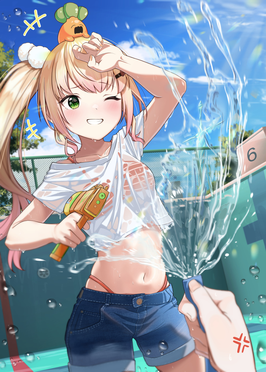 1girl 1other absurdres anger_vein animal_on_head arurire bikini bikini_under_clothes blue_shorts blue_sky blush chain-link_fence contrapposto crop_top day denim denim_shorts empty_pool fence green_eyes grin hair_ornament highleg highleg_bikini highres holding holding_hose hololive hose long_hair momosuzu_nene navel nekko_(momosuzu_nene) on_head one_eye_closed orange_bikini orange_hair pom_pom_(clothes) pom_pom_hair_ornament pool pov pov_hands see-through shirt short_sleeves shorts sky smile stomach swimsuit t-shirt very_long_hair water water_drop water_gun wet wet_clothes wet_shirt white_shirt