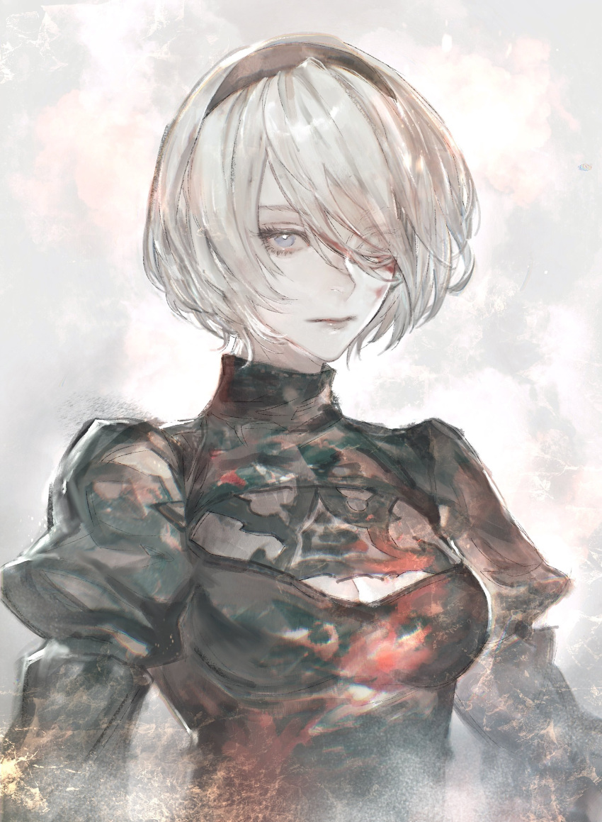 1girl 2b_(nier:automata) absurdres black_dress black_headband blood blood_on_clothes blood_on_face breasts cleavage cleavage_cutout closed_mouth clothing_cutout dress expressionless gradient_background grey_background hair_over_one_eye headband highres juliet_sleeves large_breasts long_sleeves looking_at_viewer mole mole_under_mouth moony_(mogmogmelt) nier:automata nier_(series) no_blindfold puffy_sleeves red_eyes short_hair simple_background solo upper_body white_hair