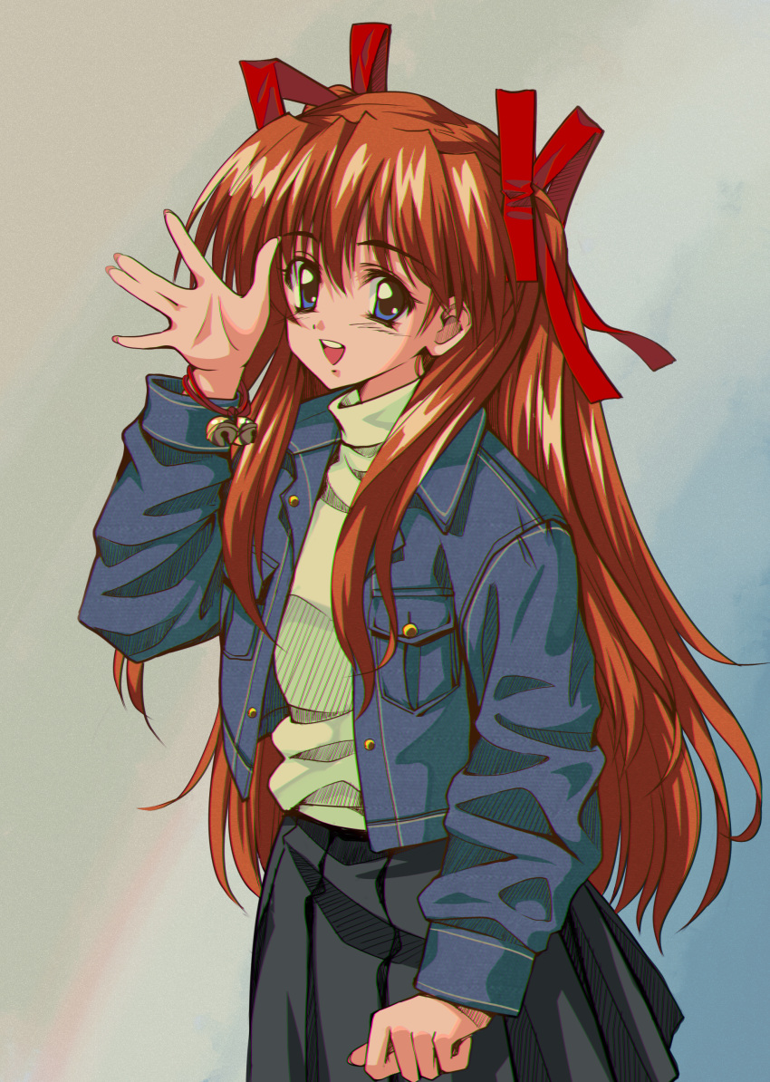 1990s_(style) 1girl :d \||/ absurdres arm_at_side bell blue_eyes blue_jacket blush casual commentary cowboy_shot eyelashes grey_background hair_between_eyes hair_ribbon hand_up happy highres jacket jingle_bell kanon long_hair long_ribbon long_sleeves longmei_er_de_tuzi looking_at_viewer open_mouth orange_hair red_ribbon retro_artstyle ribbon sawatari_makoto shirt sidelocks simple_background smile solo standing straight_hair two_side_up very_long_hair waving wristband yellow_shirt