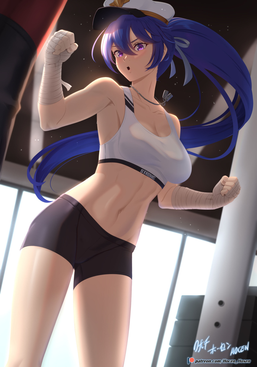 1girl absurdres armpits backlighting bandaged_hand bandages black_shorts blue_hair breasts cleavage clenched_hand collarbone dog_tags floating_hair grey_ribbon groin hair_between_eyes hair_ribbon highres indoors long_hair medium_breasts midriff navel open_mouth original ponytail purple_eyes ribbon sandbag short_shorts shorts solo sports_bra standing stomach very_long_hair vilde_loh_hocen white_headwear white_sports_bra