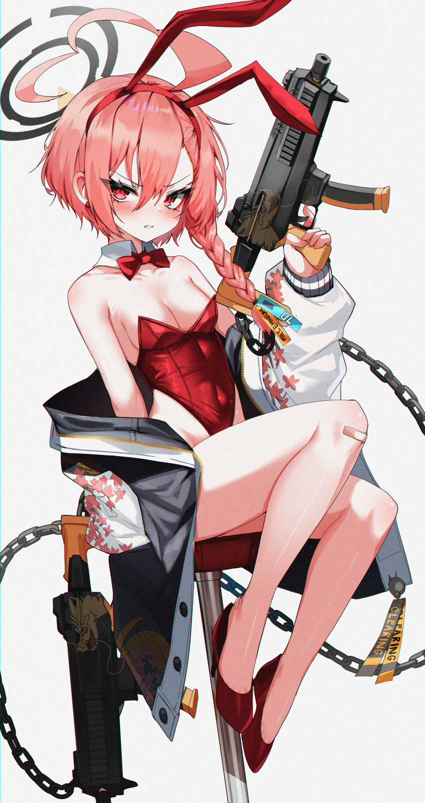 1girl absurdres ahoge animal_ears bandaid bandaid_on_knee bandaid_on_leg bare_legs blue_archive bow bowtie braid breasts chain cleavage detached_collar fake_animal_ears grey_background gun hair_between_eyes halo highres holding holding_gun holding_weapon jacket legs leotard long_hair looking_at_viewer neru_(blue_archive) neru_(bunny)_(blue_archive) official_alternate_costume playboy_bunny rabbit_ears red_bow red_bowtie red_eyes red_hair red_leotard simple_background single_braid small_breasts solo w.k weapon white_jacket