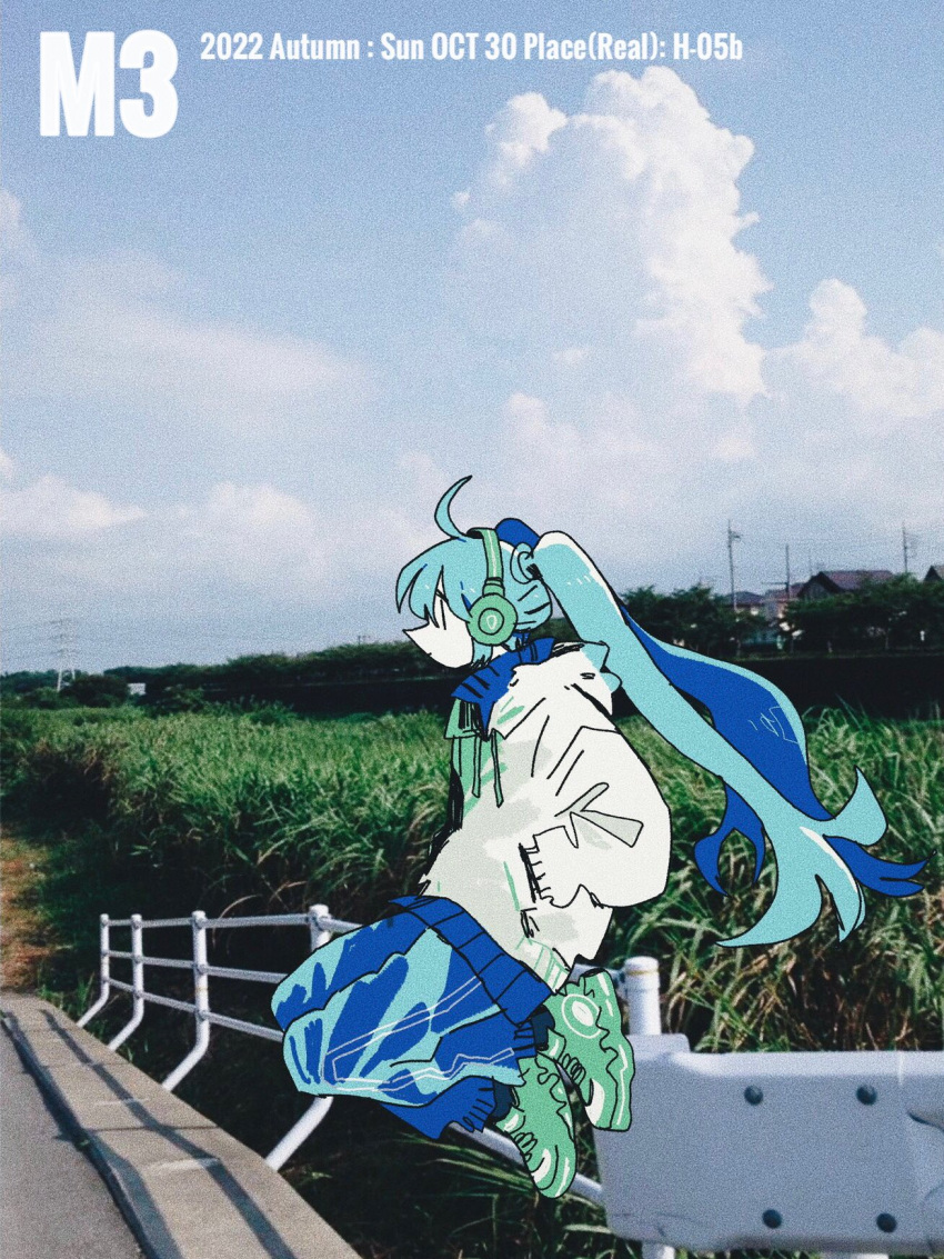 1girl ahoge aqua_hair blue_jacket blue_pants bridge cloud cloudy_sky colored_skin commentary_request cover day english_text expressionless feet_up film_grain floating_hair from_side full_body hands_in_pockets hatsune_miku headphones highres hood hood_down hoodie jacket long_hair long_sleeves looking_ahead outdoors pants photo_background second-party_source shoes sitting_on_railing sky sneakers solo soyacomu tall_grass timestamp track_jacket track_pants twintails very_long_hair vocaloid white_hoodie white_skin wide_shot