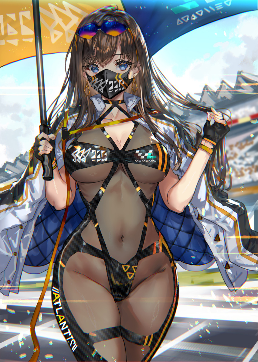 1girl black_bodysuit black_gloves bodystocking bodysuit breasts brown_hair collarbone covered_mouth covered_navel cowboy_shot eyewear_on_head fingerless_gloves gloves highres holding holding_umbrella jacket large_breasts long_hair looking_at_viewer mask mouth_mask open_clothes open_jacket original parasol parted_lips race_queen ran'ou_(tamago_no_kimi) see-through see-through_bodysuit skin_tight solo sunglasses two-tone_bodysuit umbrella white_jacket