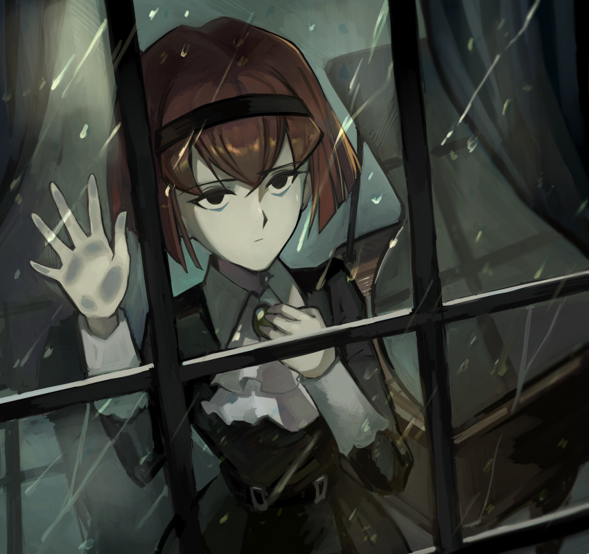 1girl absurdres ascot bob_cut dress hairband highres kornod looking_ahead r_dorothy_wayneright rain red_eyes short_hair solo the_big_o water_drop white_ascot window wrist_cuffs