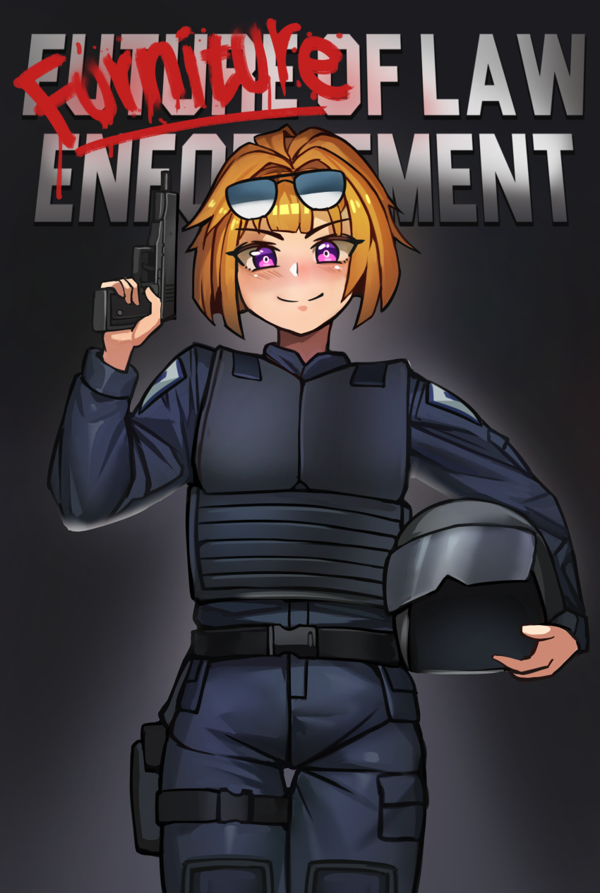 1girl absurdres bulletproof_vest chance8000 commission commissioner_upload english_text eyewear_on_head girls'_frontline grizzly_mkv_(girls'_frontline) grizzly_win_mag gun handgun helmet highres holding holding_helmet holster non-web_source orange_hair police police_uniform purple_eyes robocop smile spray_paint sunglasses thigh_holster uniform weapon