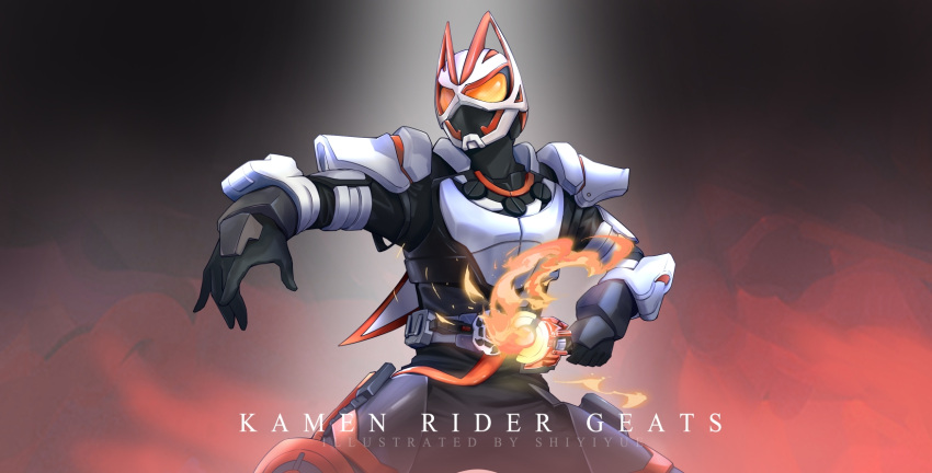 1boy armor armored_boots black_bodysuit black_footwear black_gloves bodysuit boots desire_driver eblz0p fox fox_mask gloves highres kamen_rider kamen_rider_geats kamen_rider_geats_(series) kitsune magnum_boost magnum_buckle male_focus mask motor_vehicle motorcycle orange_armor raise_buckle scarf shoulder_armor solo splatter tokusatsu weapon white_armor white_scarf yellow_eyes