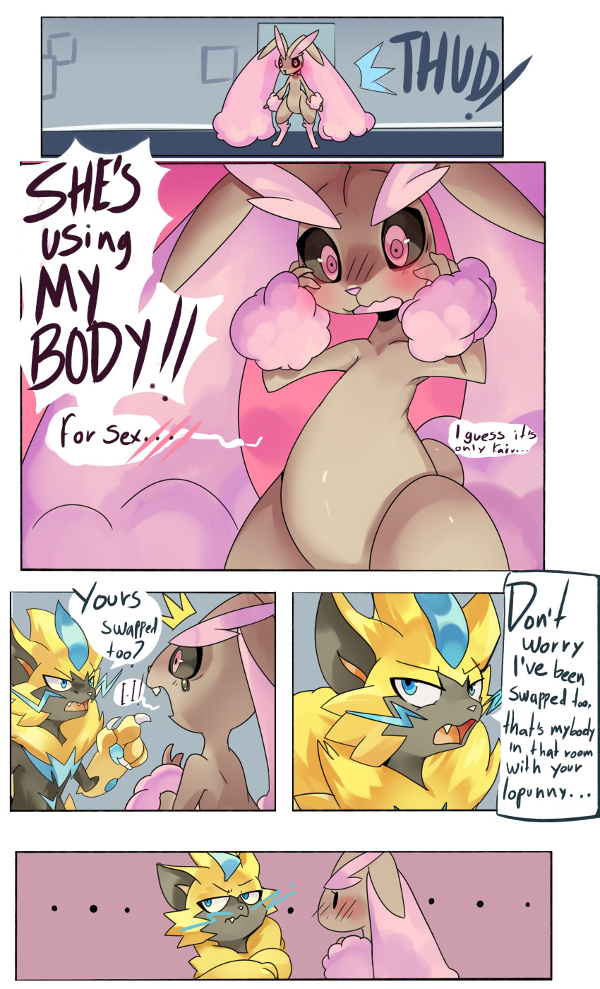 absurd_res after_transformation anthro big_ears black_sclera blue_eyes blush body_swap brown_body brown_fur buckteeth claws comic dialogue duo english_text fangs featureless_crotch felid female fur generation_4_pokemon generation_7_pokemon hi_res lagomorph legendary_pokemon long_ears lopunny male male/female mammal nintendo pink_body pink_eyes pink_fur pokemon pokemon_(species) psibunny shiny_pokemon speech_bubble stuttering teeth text thick_thighs whiskers yellow_body yellow_fur zeraora