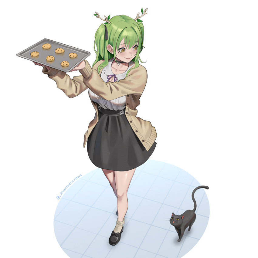 1girl absurdres antlers black_cat black_choker cardigan cat ceres_fauna ceres_fauna_(3rd_costume) chocolate_chip_cookie choker cookie food green_hair high-waist_skirt highres holding holding_tray hololive hololive_english official_alternate_costume open_cardigan open_clothes seventeencrows simple_background skirt smile solo tray two_side_up virtual_youtuber white_background yellow_eyes