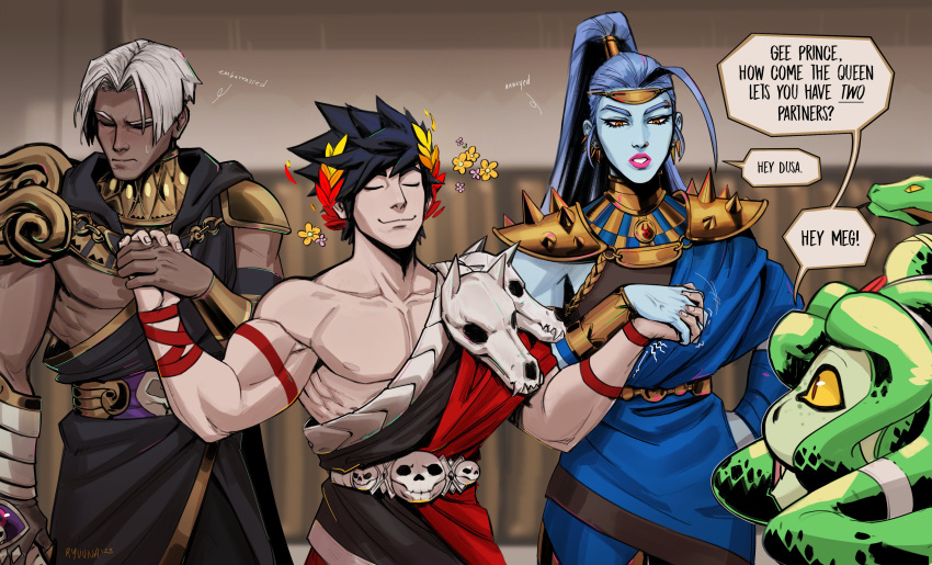 2boys 2girls absurdres ancient_greek_clothes black_hair blue_hair blue_skin closed_eyes colored_skin dark-skinned_male dark_skin dusa_(hades) english_text gee_bill!_(meme) gorget grace_kim_(ryuuna) greco-roman_clothes green_skin hades_(series) hades_1 highres holding_hands interlocked_fingers laurel_crown megaera_(hades) meme multiple_boys multiple_girls pink_lips ponytail single_bare_shoulder skull smile snake_hair thanatos_(hades) white_hair yellow_eyes zagreus_(hades)