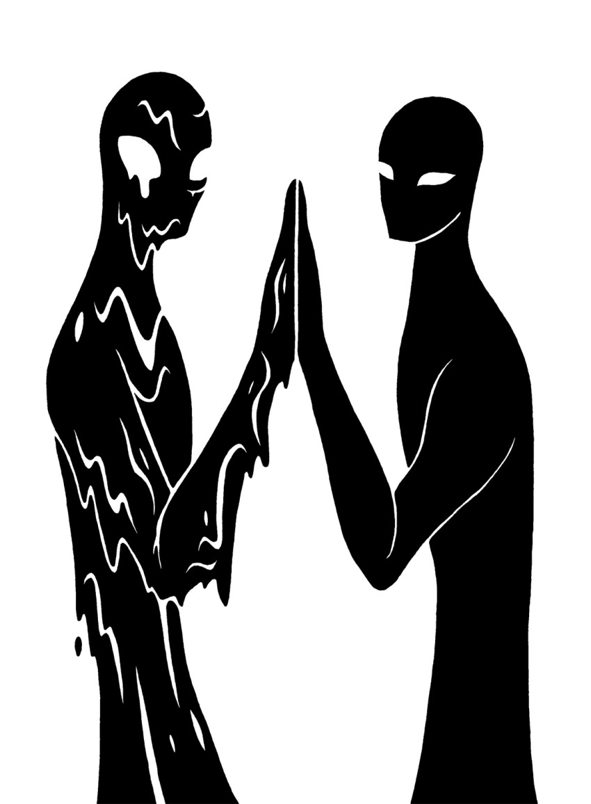 2014 ambiguous_gender bald bent_arm black_and_white digital_drawing_(artwork) digital_media_(artwork) dripping duo elemental_creature empty_eyes hands_together hi_res human humanoid liquid mammal monochrome not_furry raised_hand restricted_palette scp-1097 scp_foundation silhouette simple_background sunnyclockwork water water_creature white_background