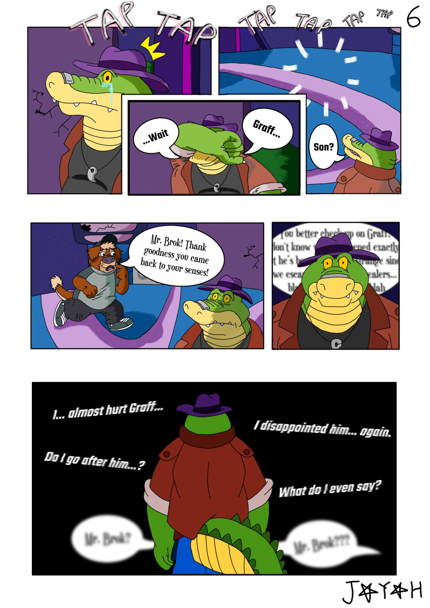 2023 absurd_res alligator alligatorid anthro bodily_fluids bottomwear brok_(character) brok_the_investigator brown_body clothing comic crocodilian crying dialogue duo english_text green_body group hat headgear headwear hi_res hybrid mammal mustelid ott_(brok_the_investigator) otter pants reptile scalie shirt suid suina tears text topwear warthog yames_the_hopeful