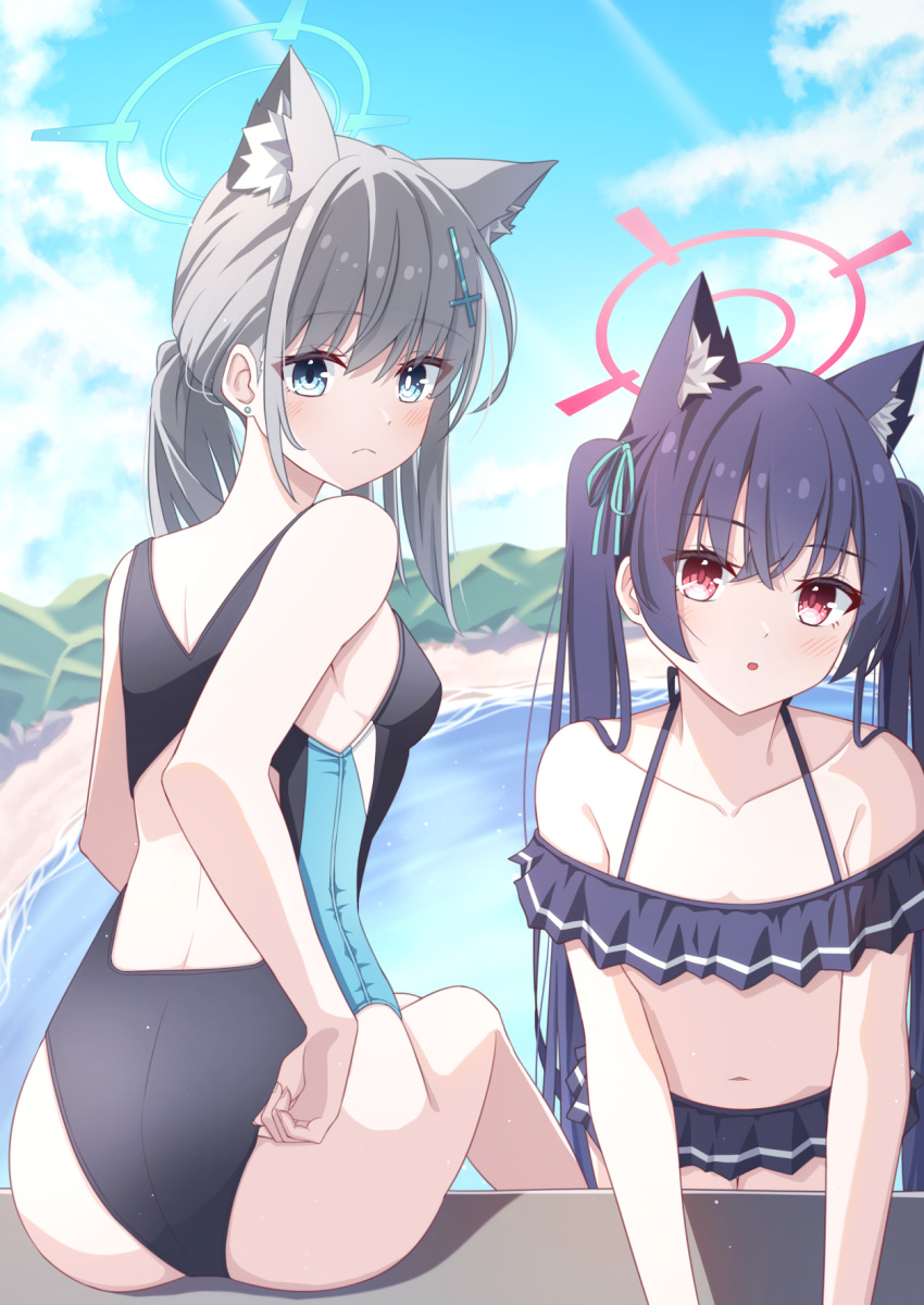 2girls animal_ear_fluff animal_ears ass bare_arms bare_shoulders beach bikini black_bikini black_hair blue_archive blue_eyes blush breasts cat_ears cloud collarbone cross_hair_ornament crossed_bangs day divergenceok earrings extra_ears frilled_bikini frills frown grey_hair hair_between_eyes hair_ornament hair_ribbon halo hand_under_clothes hand_under_swimsuit highres jewelry long_hair looking_at_viewer looking_back medium_hair mismatched_pupils multicolored_clothes multicolored_swimsuit multiple_girls navel one-piece_swimsuit open_mouth outdoors piercing ponytail red_eyes ribbon serika_(blue_archive) serika_(swimsuit)_(blue_archive) shiroko_(blue_archive) shiroko_(swimsuit)_(blue_archive) sidelocks sitting sky small_breasts swimsuit twintails water wolf_ears