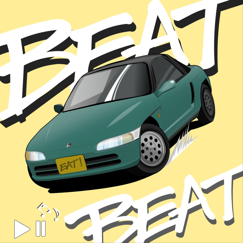 car convertible english_text green_car highres honda honda_beat kaiware motor_vehicle musical_note no_humans original pause_button play_button sports_car vehicle_focus yellow_background