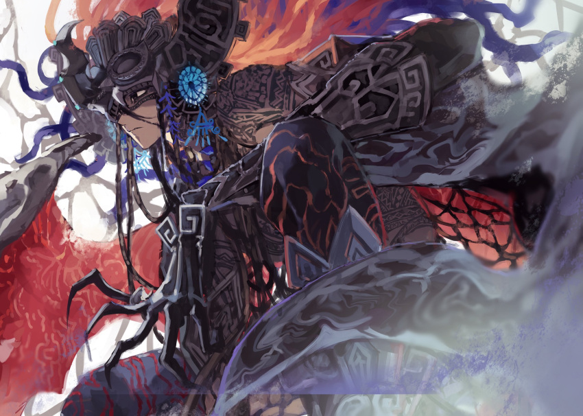 1boy black_bandages black_hair black_skin blood_vessels braid camazotz_(fate) chest_tattoo colored_skin dark-skinned_male dark_skin fate/grand_order fate_(series) feet_out_of_frame from_side full-body_tattoo headpiece highres long_arms long_hair looking_ahead male_focus maya_(culture) multiple_braids savamisooon solo spread_fingers tattoo