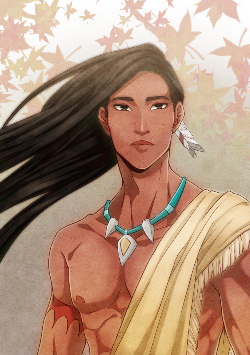 1boy arm_tattoo black_eyes black_hair dark-skinned_male dark_skin feather_hair_ornament feathers genderswap genderswap_(ftm) hair_ornament highres jewelry leaf long_hair necklace nipples outdoors pectorals pocahontas pocahontas_(disney) solo taikiz tattoo toned upper_body wind