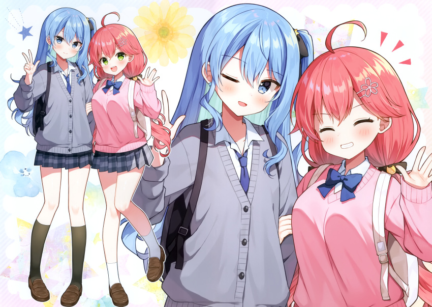 2girls :d ;d absurdres ahoge backpack bag black_socks blue_bow blue_bowtie blue_eyes blue_hair blue_necktie bow bowtie cardigan closed_eyes closed_mouth earrings flower green_eyes grey_cardigan hair_flower hair_ornament highres holding_another's_arm hololive hoshimachi_suisei jewelry kneehighs long_hair long_sleeves mauve miniskirt multiple_girls multiple_views necktie one_eye_closed one_side_up pink_hair pink_sweater plaid plaid_skirt pleated_skirt sakura_miko scan shoes skirt smile socks star_(symbol) star_earrings sweater twintails virtual_youtuber white_socks