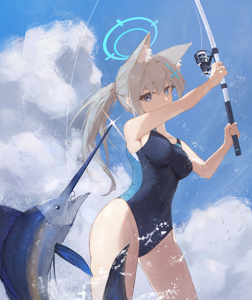 1girl absurdres animal_ear_fluff animal_ears black_one-piece_swimsuit blue_archive blue_eyes blue_sky breasts cloud competition_swimsuit covered_navel cross_hair_ornament day extra_ears fish fishing fishing_rod grey_hair gu0st hair_ornament halo highres low_ponytail marlin_(fish) medium_breasts medium_hair mismatched_pupils multicolored_clothes multicolored_swimsuit official_alternate_costume one-piece_swimsuit outdoors shiroko_(blue_archive) shiroko_(swimsuit)_(blue_archive) sky solo swimsuit swordfish wolf_ears