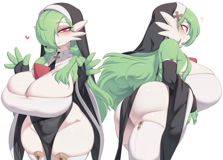 &lt;3 bags_under_eyes big_breasts big_butt black_clothing black_dress breasts butt cervina7_(artist) cleavage clothed clothing dress eyeshadow female gardevoir generation_3_pokemon habit hi_res humanoid looking_at_viewer makeup nintendo nun pokemon pokemon_(species) red_eyes simple_background smile solo standing thick_thighs white_background white_body white_skin wide_hips