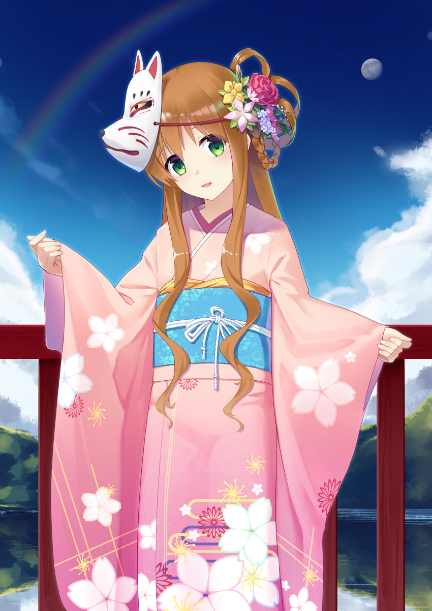 1girl :d absurdres blue_sash blue_sky braided_hair_rings cherry_blossom_print cloud commentary cowboy_shot day eyes_visible_through_hair fence floral_print flower fox_mask full_moon green_eyes hair_between_eyes hair_ornament hands_up head_tilt highres japanese_clothes kanbe_kotori kano_(kotailo) kanzashi kimono light_blush long_hair looking_at_viewer mask mask_on_head moon moon_in_daylight mountainous_horizon open_mouth outdoors pink_flower print_kimono rainbow red_flower red_rose rewrite rose sash sidelocks sky sleeves_past_wrists smile solo standing straight-on very_long_hair wavy_hair wide_sleeves yellow_flower yukata