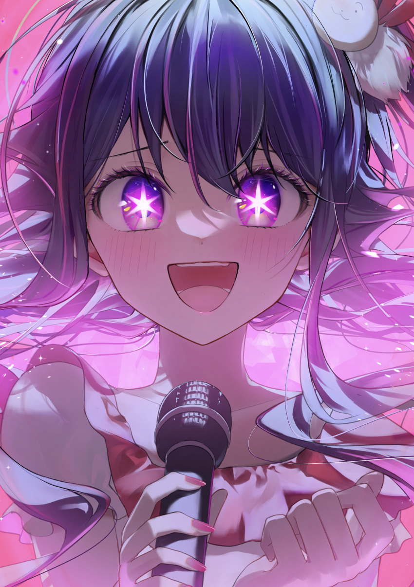 1girl :d absurdres blush collarbone dress frilled_dress frills hair_between_eyes hair_ornament hands_up highres holding holding_microphone hoshino_ai_(oshi_no_ko) idol kamatoyu long_hair looking_at_viewer microphone open_mouth oshi_no_ko pink_dress purple_eyes purple_hair rabbit_hair_ornament smile solo sparkle star_(symbol) star_in_eye straight-on symbol_in_eye teeth