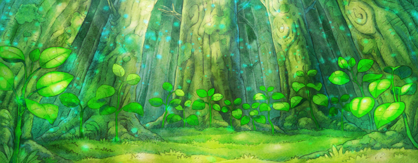 artist_request commentary day english_commentary forest fushigi_no_dungeon game_cg grass green_theme leaf light_particles moss nature no_humans official_art outdoors plant pokemon pokemon_(game) pokemon_mystery_dungeon scenery third-party_source tree wide_shot