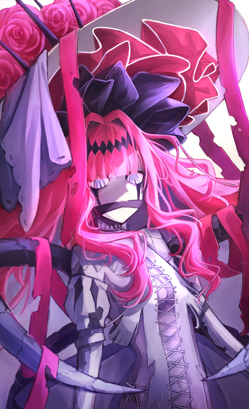 1girl absurdres baobhan_sith_(fate) baobhan_sith_(third_ascension)_(fate) black_tiara breasts bright_pupils cleavage cloak colored_skin covered_mouth cross-laced_clothes cross-laced_dress dot_nose dress fake_horns fangs fate/grand_order fate_(series) flower grey_skin hair_between_horns highres horned_headwear horns june20544782 large_hat long_hair looking_down navel pink_flower pink_hair pink_rose purple_cloak purple_eyes rose small_breasts white_dress