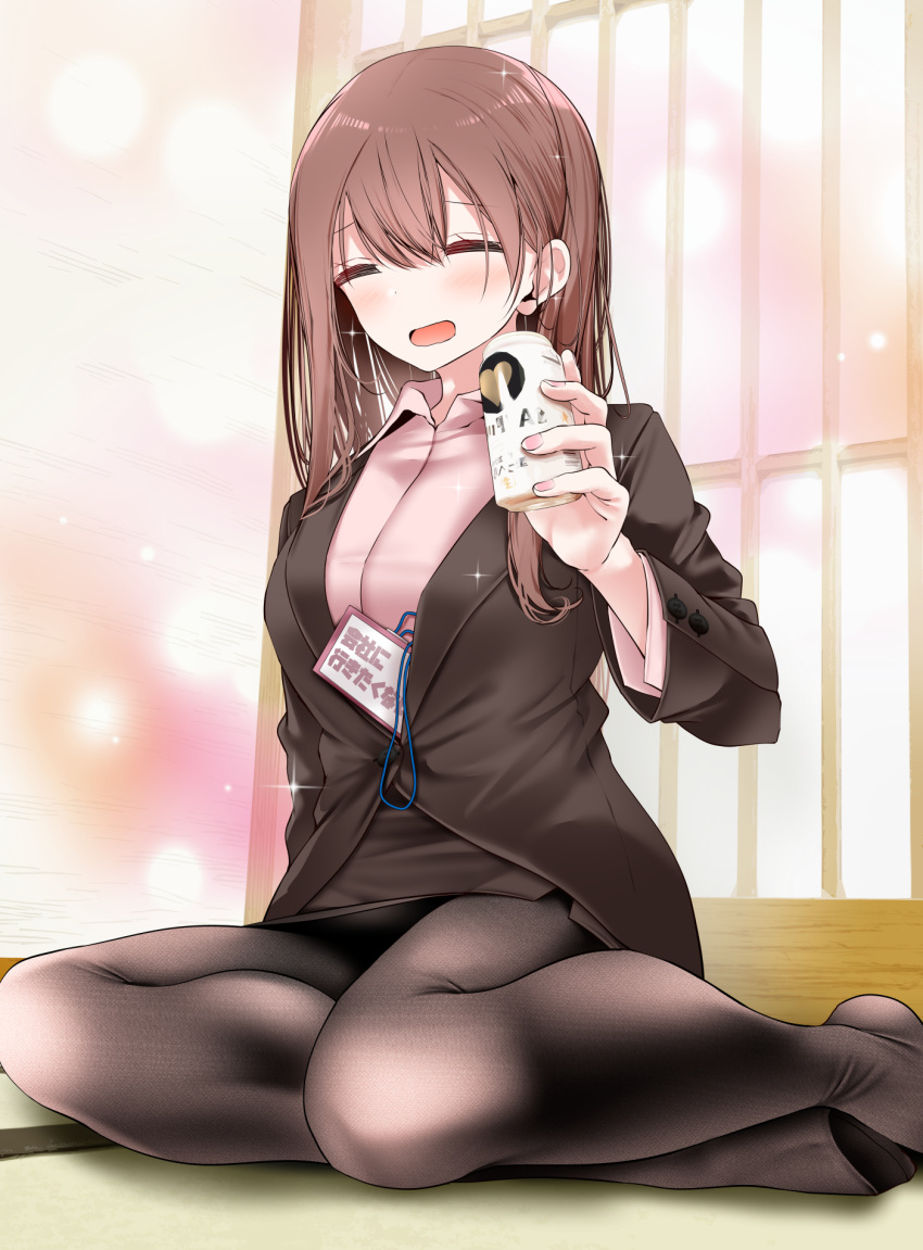 1girl alcohol bad_id bad_pixiv_id beer black_pantyhose blush closed_eyes collared_shirt formal highres legs light_brown_hair long_hair no_shoes office_lady ol-chan_(oouso) oouso original pantyhose shirt sitting skirt skirt_suit solo suit
