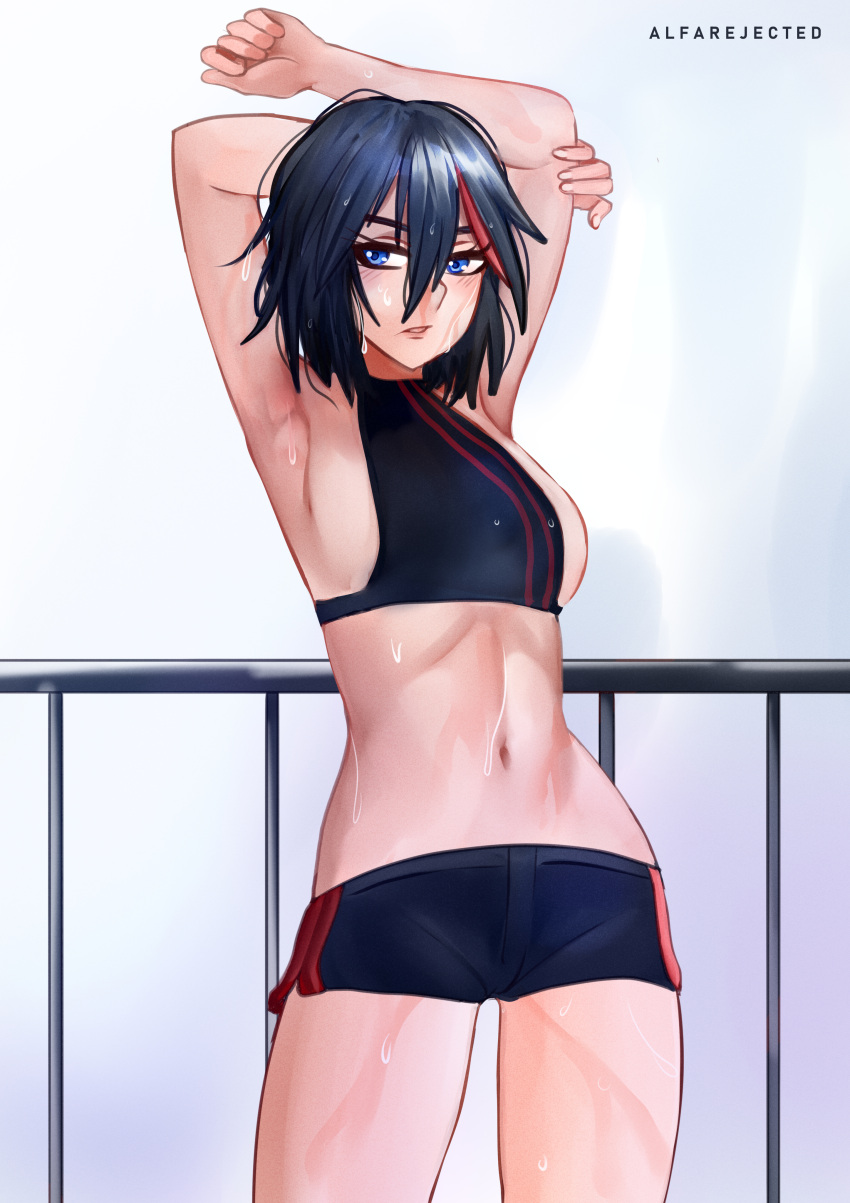 1girl absurdres alfarejected armpits arms_up bare_shoulders black_hair blue_eyes breasts exercise hair_between_eyes highres kill_la_kill looking_to_the_side matoi_ryuuko messy multicolored_hair navel panties railing short_hair sideboob signature simple_background sleeveless sports_bra stomach streaked_hair sweat trigger_(company) two-tone_hair underwear workout_clothes