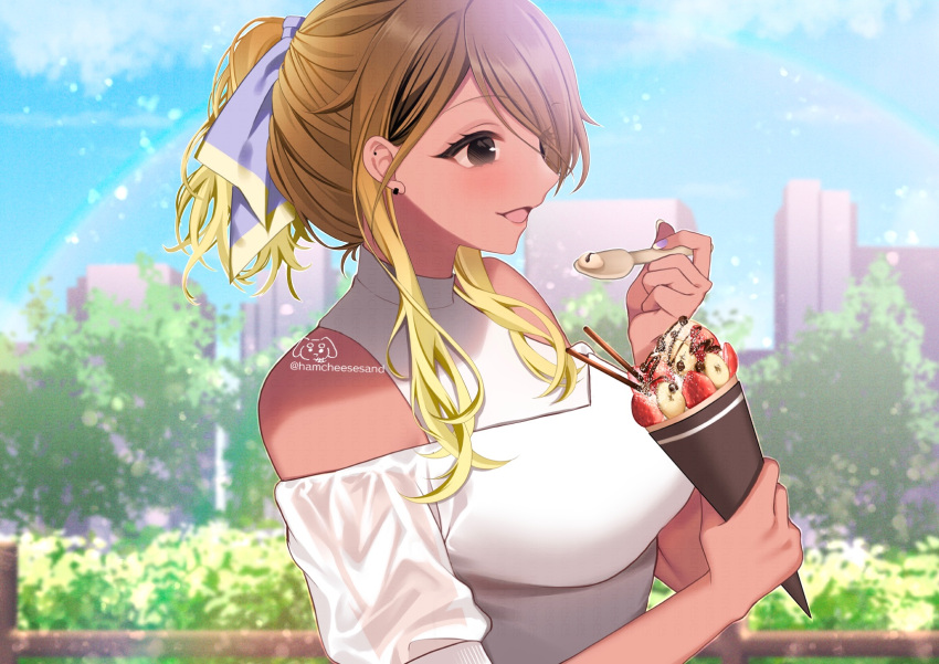 1girl blush breasts brown_hair clothing_cutout commission crepe dark-skinned_female dark_skin food from_side grey_hair hamcheeseand highres holding holding_food holding_spoon idolmaster idolmaster_shiny_colors izumi_mei large_breasts light_brown_hair outdoors profile see-through see-through_sleeves shirt short_ponytail shoulder_cutout skeb_commission solo spoon upper_body white_shirt