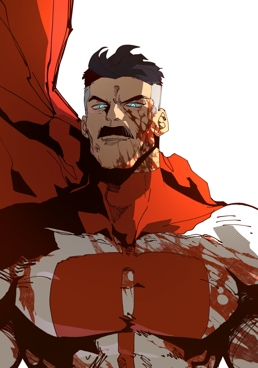 1boy absurdres black_hair blood blood_on_clothes blood_on_face blood_splatter blue_eyes bodysuit cape commentary english_commentary facial_hair highres implied_murder invincible_(series) isaacchief300 large_pectorals male_focus multicolored_hair muscular muscular_male mustache omni-man pectorals red_cape short_hair solo superhero two-tone_hair upper_body western_comics_(style) white_background