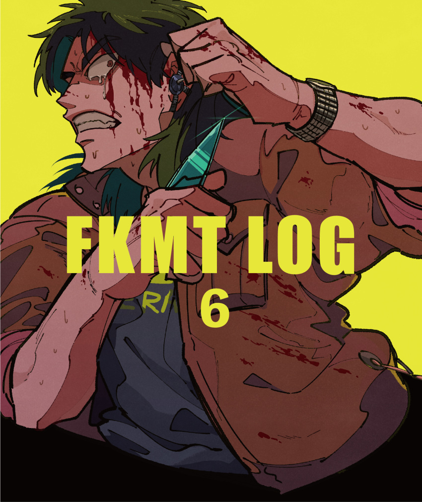 1boy black_hair black_shirt blood blood_on_face blood_on_hands brown_eyes brown_jacket clenched_teeth commentary_request crying crying_with_eyes_open glass_shards highres holding holding_knife inudori itou_kaiji jacket kaiji knife long_hair looking_to_the_side male_focus medium_bangs open_clothes open_jacket self-harm shirt simple_background sleeves_rolled_up solo tears teeth upper_body watch wristwatch yellow_background