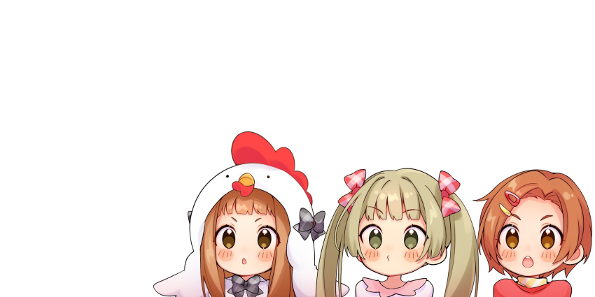 31reyo 3girls :o blush bow brown_hair chicken_costume cosplay forehead hair_bow highres hood hood_up ichihara_nina idolmaster idolmaster_cinderella_girls kigurumi light_brown_hair looking_ahead multiple_girls o3o orange_hair ryuzaki_kaoru short_hair simple_background teeth twintails upper_body upper_teeth_only white_background yokoyama_chika