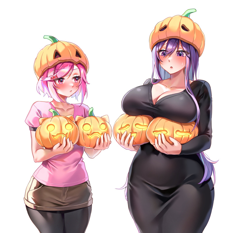 2girls absurdres black_dress blush breasts carving cleavage collarbone doki_doki_literature_club dress food hair_between_eyes hair_ornament halloween happy_halloween highres holding holding_food holding_pumpkin holding_vegetable jack-o'-lantern large_breasts long_hair long_sleeves machulanko multiple_girls natsuki_(doki_doki_literature_club) no_bra open_mouth pantyhose pencil_skirt pink_eyes pink_hair pink_shirt pumpkin pumpkin_hat purple_eyes purple_hair shirt short_sleeves simple_background skin_tight skirt small_breasts vegetable white_background yuri_(doki_doki_literature_club)