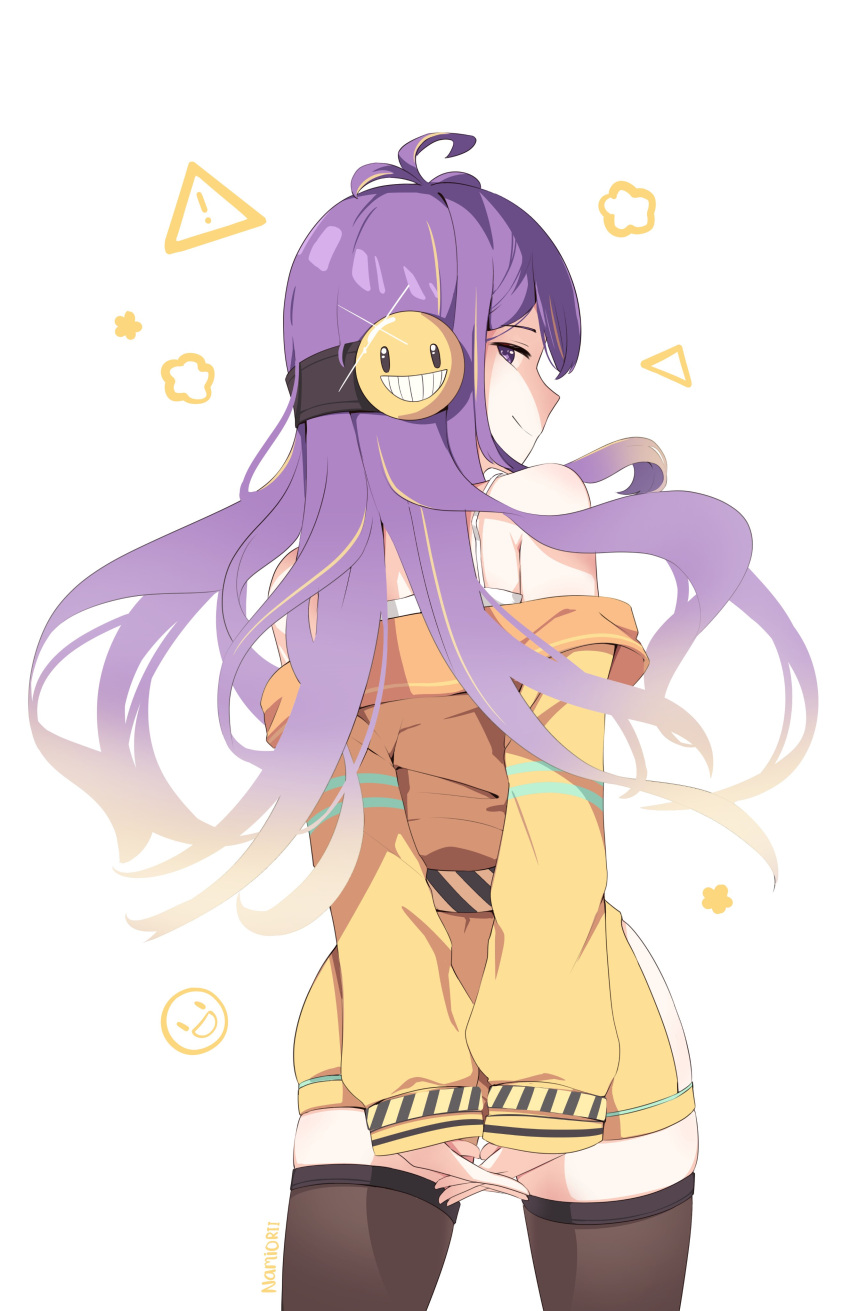 ! 1girl absurdres belt dress from_behind highres jumpsuit long_hair looking_back namiorii purple_hair smile smug strapless strapless_dress thighhighs vividly_vivi yellow_jumpsuit zettai_ryouiki