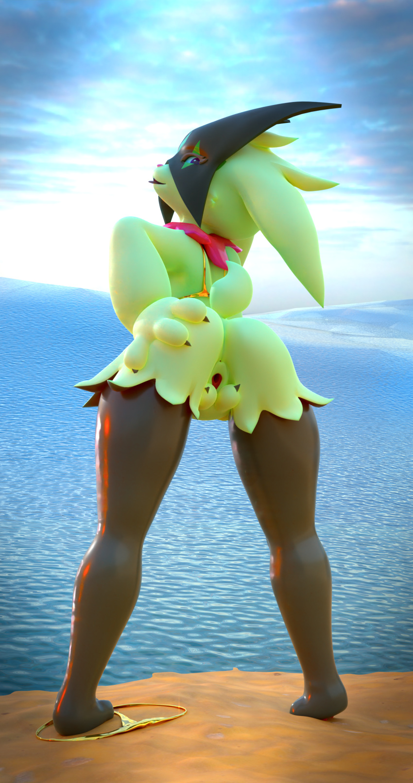 135:256 3d_(artwork) 4k absurd_res animal_humanoid anthro beach bikini bikini_top black_legs blender_(software) blender_cycles butt cat_humanoid claws clothing digital_media_(artwork) felid felid_humanoid feline feline_humanoid female flower fur generation_9_pokemon genitals gold_bikini green_body hand_on_hip hi_res huge_filesize humanoid jojo's_bizarre_adventure leg_markings mammal mammal_humanoid markings mask meowscarada nintendo on_one_leg panties pink_nose plant pokemon pokemon_(species) pussy sand sea seaside socks_(marking) solo spread_butt spread_legs spread_pussy spreading standing swimwear tongue tongue_out toridachi underwear water