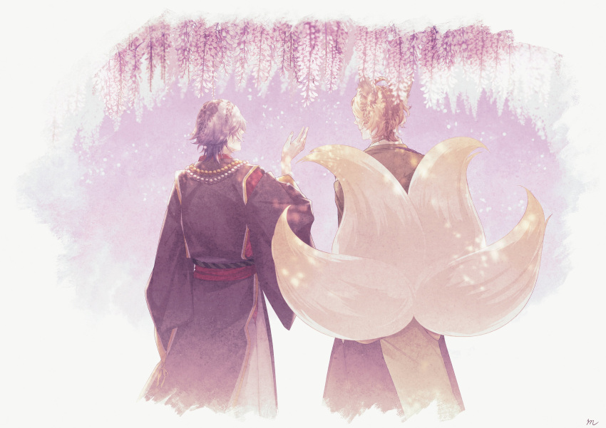 2boys :d absurdres ahoge animal_ears bead_necklace beads blonde_hair border dappled_sunlight facing_away fading_border falling_petals feet_out_of_frame flower fox_boy fox_ears fox_tail from_behind glasses hand_up highres ichinose_tokiya japanese_clothes jewelry kariginu kimono kitsune male_focus multiple_boys multiple_tails necklace official_alternate_costume petals profile purple_background purple_flower purple_hair ran_(12_rn_09) red_kimono red_sash rope_belt sash shinomiya_natsuki_(uta_no_prince-sama) short_hair smile standing sunlight tail uta_no_prince-sama uta_no_prince-sama:_shining_live white_border wisteria yellow_kimono