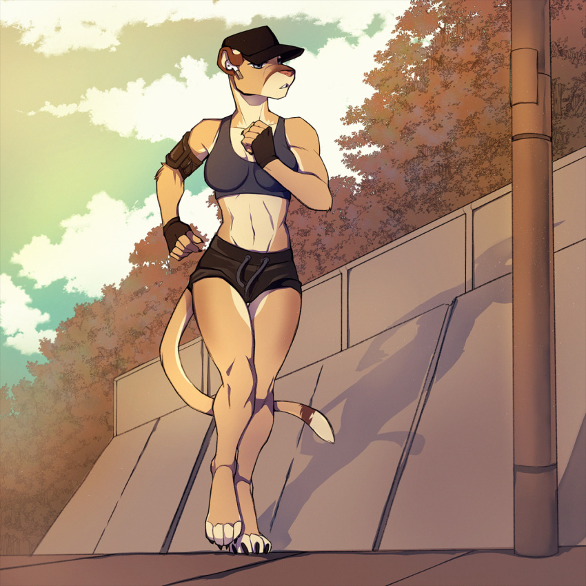 1:1 anthro athletic athletic_female baseball_cap blue_eyes bottomwear clothing cougar exercise felid feline female fitness grizzlygus gym_bottomwear gym_clothing gym_shorts hat headgear headphones headwear hi_res jogging lotusgarden mammal running shorts solo valerie_(grizzlygus) workout