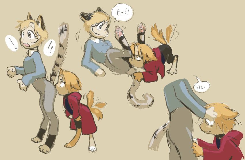alphonse_elric animal_humanoid brother brothers butt_sniffing canid canid_humanoid canine canine_humanoid cat_humanoid chimera dog_humanoid dokudrinker duo edward_elric english_text felid felid_humanoid feline feline_humanoid full_metal_alchemist hi_res humanoid incest_(lore) male male/male mammal mammal_humanoid sibling sniffing text