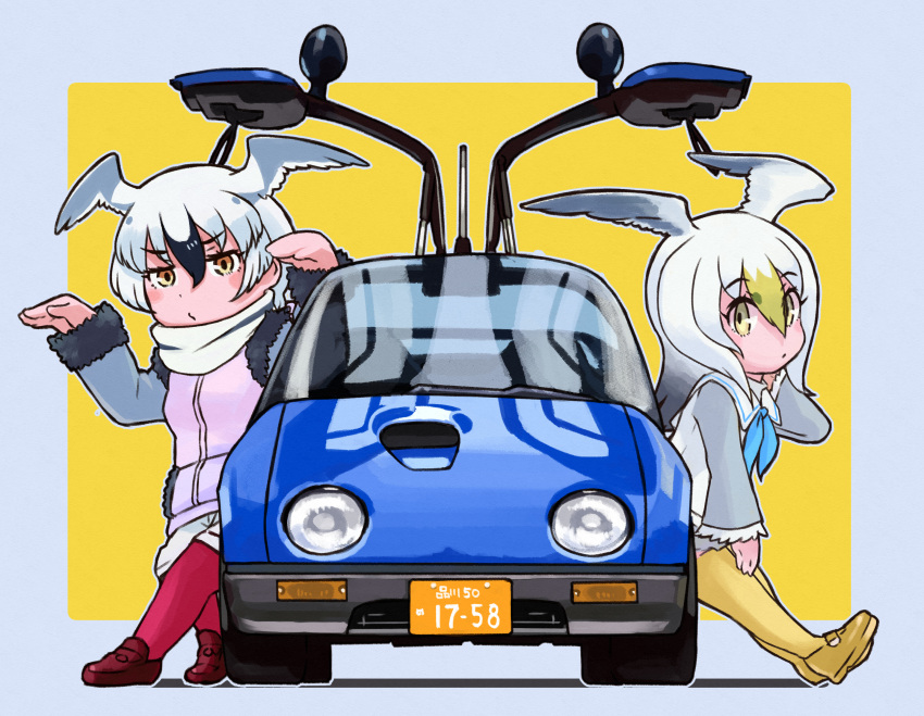 2girls bird_girl bird_wings black_hair blonde_hair blue_neckerchief car coat common_gull_(kemono_friends) frilled_sleeves frills fur_trim grey_coat grey_fur grey_hair grey_shirt grey_skirt hair_between_eyes head_wings highres kemono_friends long_hair long_sleeves looking_at_viewer motor_vehicle multicolored_hair multiple_girls neckerchief pantyhose pleated_skirt red_pantyhose ross's_gull_(kemono_friends) sailor_collar scarf shirt short_hair shorts skirt thighhighs toriny two-tone_shirt vest white_hair white_scarf white_shirt white_shorts white_vest wings yellow_thighhighs zettai_ryouiki