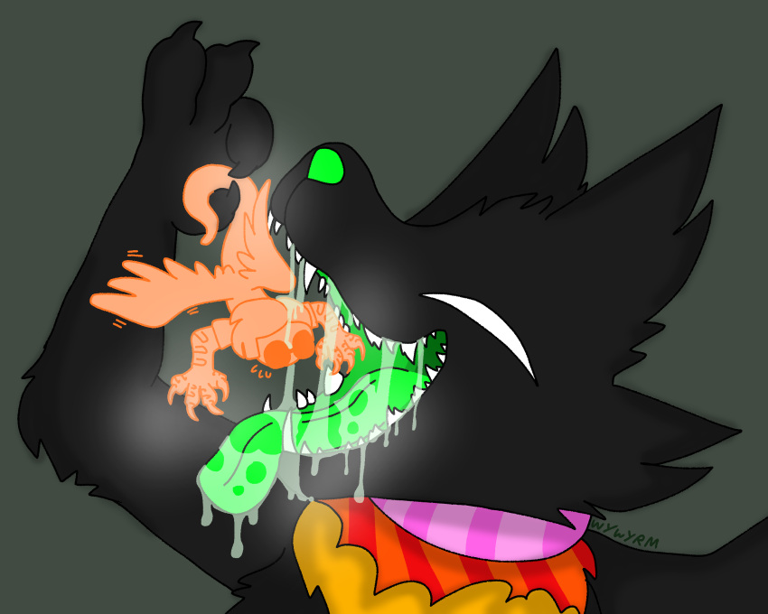anthro avian bec_noir black_body black_fur bodily_fluids canid canine davesprite duo fur green_mouth green_nose hi_res homestuck humor imminent_oral_vore imminent_vore jack_noir male male/male mammal mouth_shot ms_paint_adventures open_mouth oral_vore orange_body saliva saliva_on_tongue saliva_string size_difference teeth tongue tongue_out unwilling_prey vore webcomic white_eyes wings wywyrm