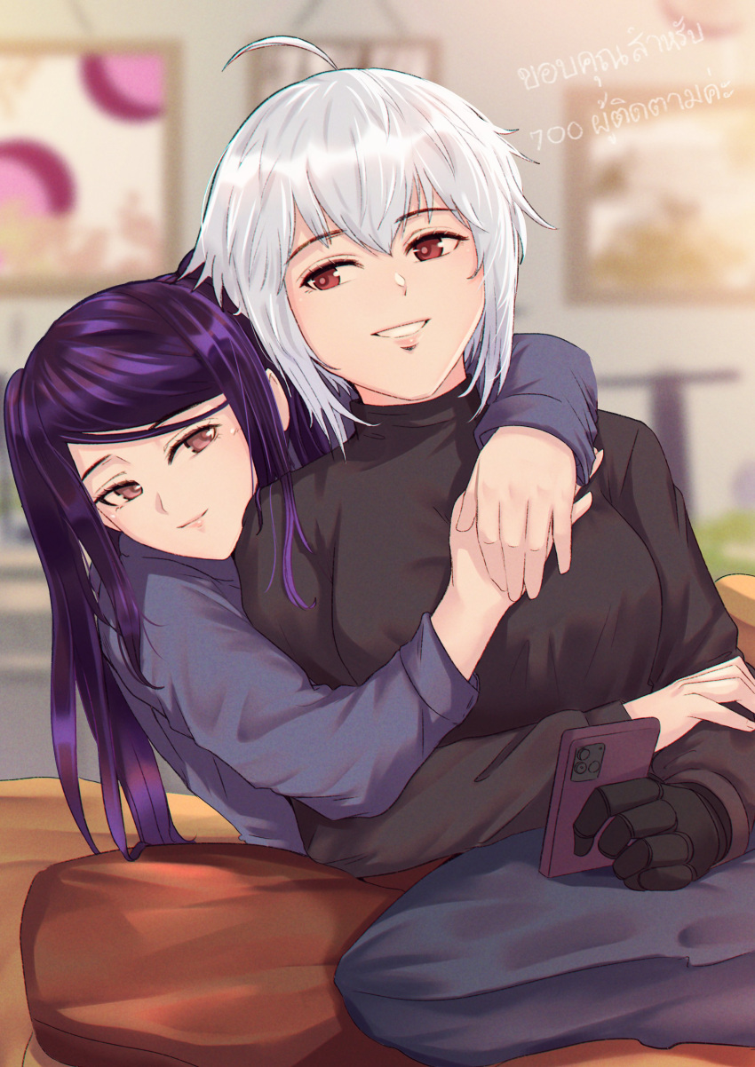 2girls absurdres ahoge alternate_costume brown_eyes couple dana_zane gotuya happy highres hug hug_from_behind jill_stingray long_hair mechanical_arms multiple_girls purple_hair red_eyes short_hair single_mechanical_arm smile sweater thai_text translation_request va-11_hall-a white_hair yuri