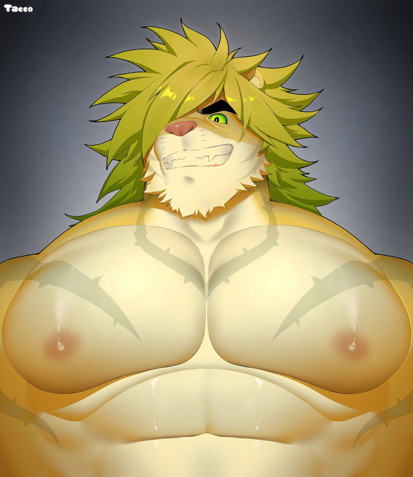 abs anthro blonde_hair blue_eyes el_tacc0 felid fur green_hair green_sclera hair hi_res lifewonders macan_(tas) male mammal mane markings muscular muscular_arms muscular_male nipples one_eye_obstructed pantherine pecs smile solo tan_body tan_fur third_eye_(marking) tiger tokyo_afterschool_summoners yellow_body yellow_fur