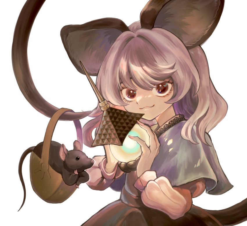 1girl animal animal_ears bishamonten's_pagoda black_dress capelet closed_mouth dress fingernails grey_capelet grey_hair highres holding long_sleeves mouse mouse_ears mouse_tail nazrin red_eyes short_hair simple_background solo tail touhou umebitan upper_body white_background
