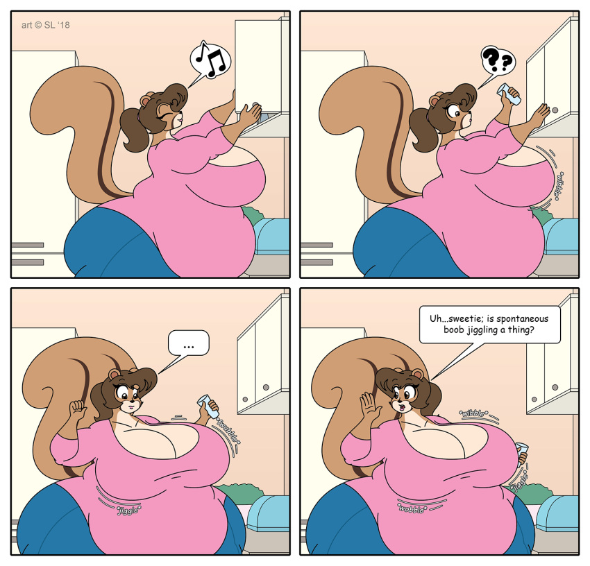 2018 4_panel_comic anthro appliance belly big_belly big_breasts big_butt bottomwear bouncing_breasts breasts brown_body brown_eyes brown_fur brown_hair butt cabinet chipmunk clothing comic copyright_symbol denim denim_clothing digital_media_(artwork) english_text eyes_closed female fridge fur ground_squirrel hair hi_res huge_breasts jeans jiggling kitchen kitchen_appliance mammal musical_note obese obese_anthro obese_female open_mouth overweight overweight_anthro overweight_female pants question_mark rodent satsumalord sciurid shirt solo sound_effects symbol terry_(satsumalord) text thick_thighs topwear wibbling wobbling