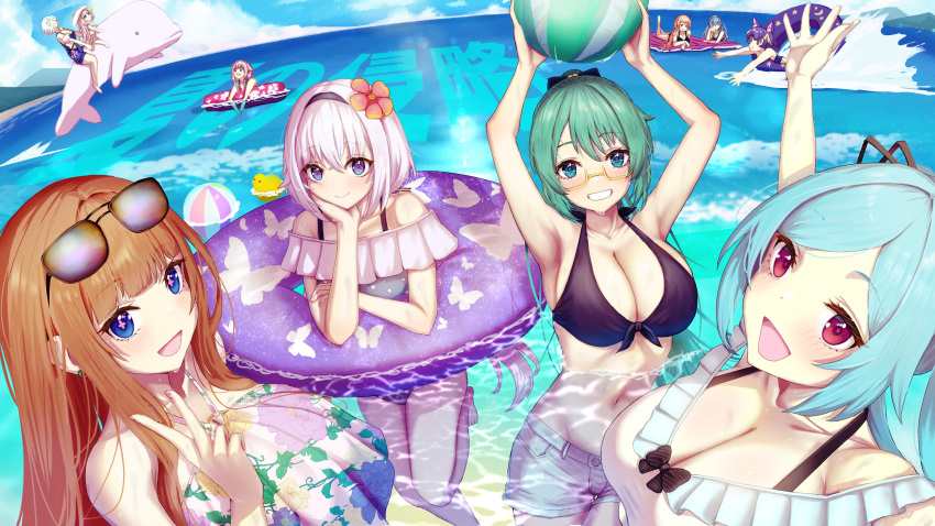 .live 6+girls absurdres alternate_costume arms_up ball beachball blue_eyes blush breasts cleavage commentary_request dolphin eyewear_on_head glasses green_hair grin gyo_hasu hair_ornament headband highres innertube kagura_suzu_(.live) kakyouin_chieri large_breasts looking_at_viewer merry_milk mokota_mememe multiple_girls nanahoshi_milily ocean red_eyes rikumu rurun_rururica siro_(dennou_shoujo_youtuber_siro) sky smile swimsuit virtual_youtuber yamato_iori