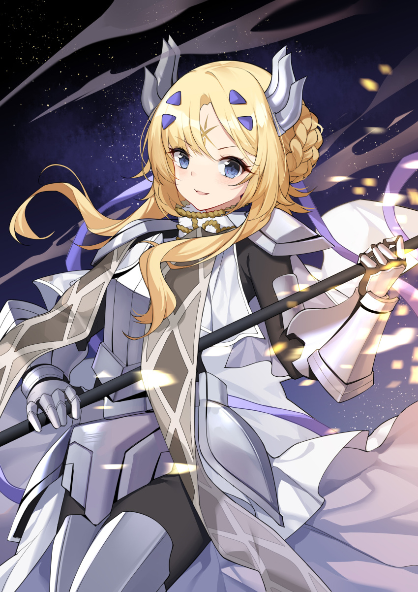 1girl absurdres armor armored_dress blonde_hair blue_eyes braid cape dogmatika_ecclesia_the_virtuous duel_monster ecclesia_(yu-gi-oh!) facial_mark fake_horns forehead_mark gauntlets hair_ornament hammer headgear highres holding holding_hammer horns kikistark leg_armor long_hair open_mouth shoulder_armor smile solo war_hammer weapon white_armor yu-gi-oh!