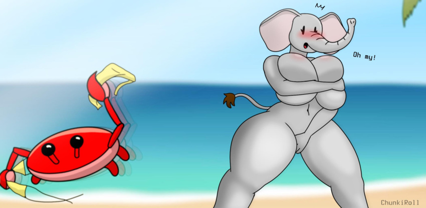 anthro arthropod assisted_exposure beach beady_eyes big_breasts big_ears black_eyes blush breasts chunkiroll_(artist) clothing covering covering_breasts covering_crotch crab crustacean decapoda dialogue elephant elephantid embarrassed eyelashes female grey_body hi_res huge_breasts loona_(chunkiroll) malacostracan mammal marine navel open_mouth proboscidean proboscis_(anatomy) sea seaside solo swimwear tail tail_tuft text thick_thighs trunk_(anatomy) tuft water wide_hips yellow_clothing yellow_swimwear