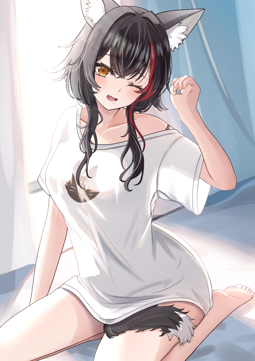 1girl absurdres animal_ear_fluff animal_ears barefoot bed black_hair blush bra_strap breasts c1p122 commentary_request curtains drooling fang hand_up highres hololive indoors long_hair looking_at_viewer medium_breasts multicolored_hair no_pants on_bed one_eye_closed ookami_mio open_mouth red_hair seiza shirt short_sleeves sidelocks sitting solo streaked_hair t-shirt tail tail_around_own_leg tail_wrap virtual_youtuber white_shirt window wolf_ears wolf_girl wolf_tail yellow_eyes