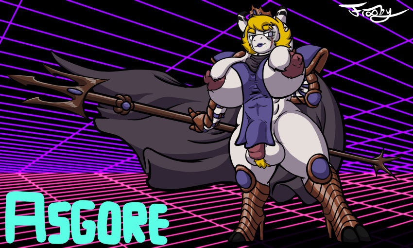 abs anthro areola armor asgore_dreemurr ball_tuft balls big_areola big_balls big_breasts big_nipples blonde_hair boots bovid breasts cape caprine clothing crossgender crown digital_media_(artwork) eye_scar eyebrows facial_hair facial_scar fake_breasts flaccid floppy_ears footwear frooby genitals gladiator_armor goat gynomorph hair headgear hi_res high_heeled_boots high_heels hooves horn ill-fitting_clothes intersex lipstick long_ears makeup mammal melee_weapon neon_background nipples penis pink_penis polearm pubes scar shadow shoulder_pads sideburns signature simple_background solo synthwave tabard thick_eyebrows thick_thighs tired_eyes trident tuft undertale_(series) weapon white_body